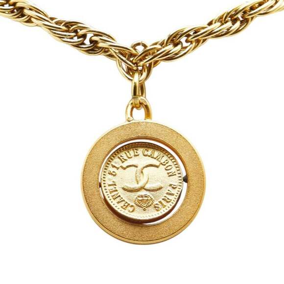 Chanel Vintage Gold-tone Metal CC Coco Mark Coin Top Pendant  CHANEL Vintage Gold Logo Necklace